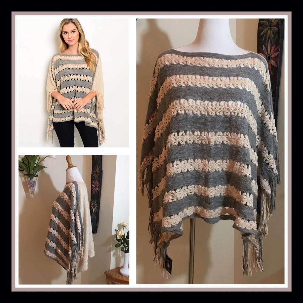 1 Left✔️Final Price◽️Beige/Grey Fringed Poncho